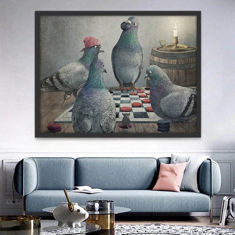 Quatre Pigeons Jouant aux Echecs Peinture par Numéros