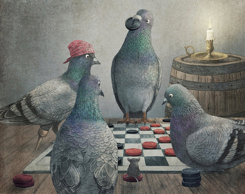 Quatre Pigeons Jouant aux Echecs Peinture par Numéros