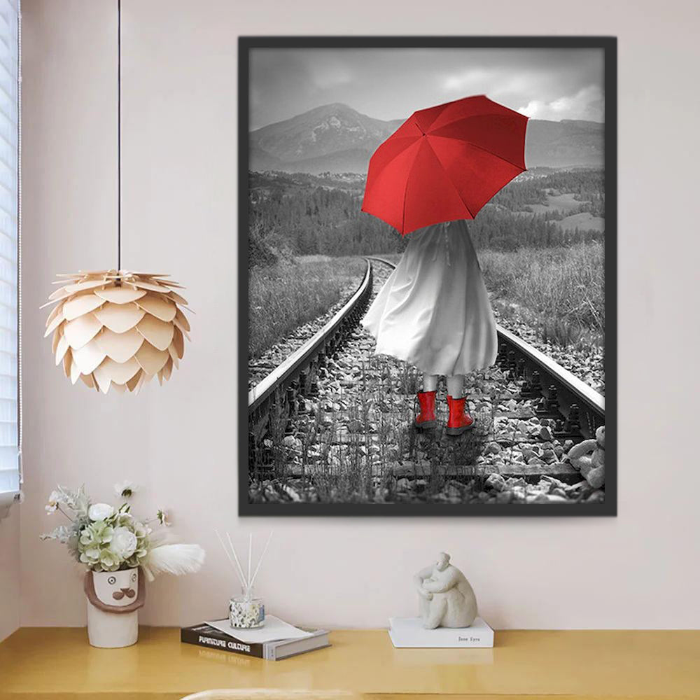 Rails et parapluie rouge Peinture par Numéros