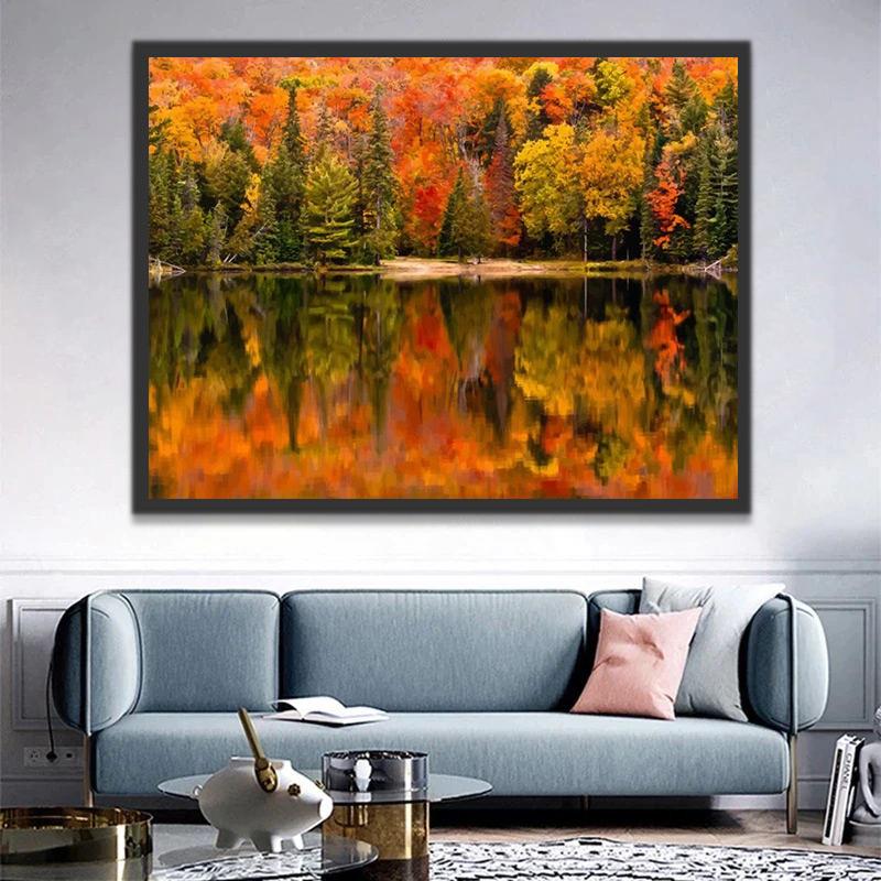 Reflet sur le Lac en Automne Peinture par Numéros