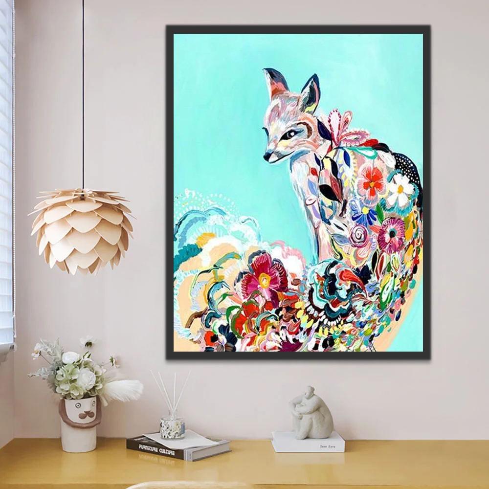 Renard Coloré et Fleurs Peinture par Numéros