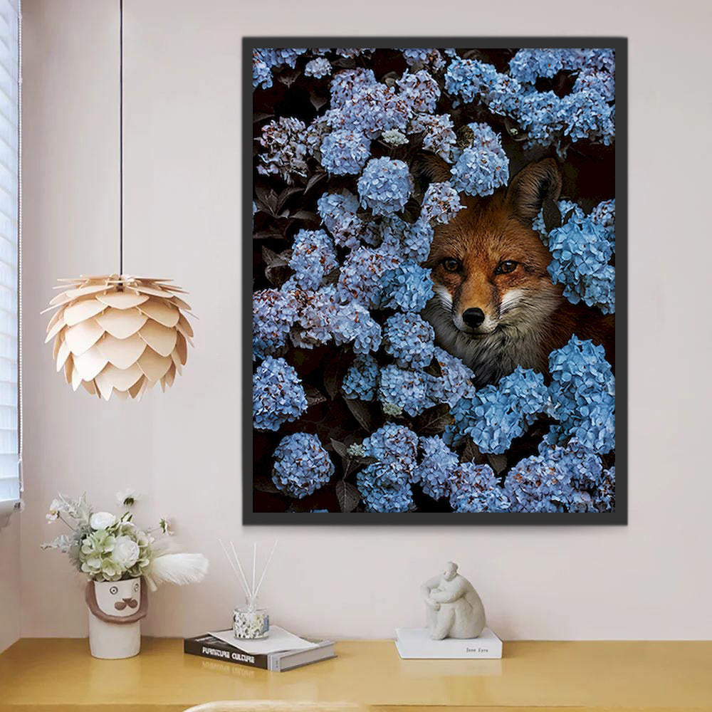 Renard et Fleurs Bleues et Violettes Peinture par Numéros