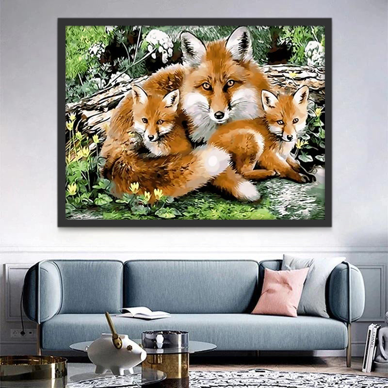 Renard Mère et Ses Bébés Peinture par Numéros