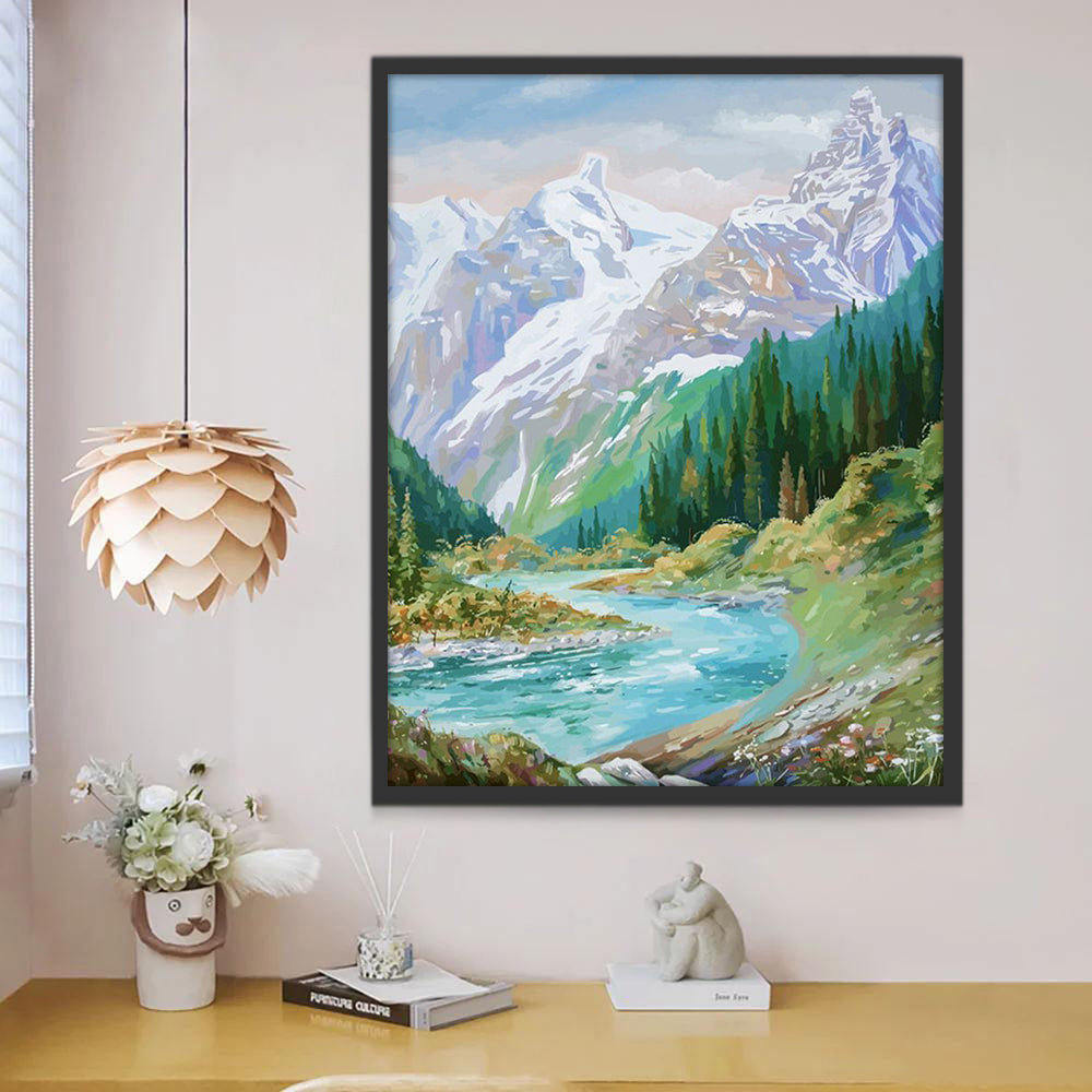 Rivière et Monts Enneigés Peinture par Numéros