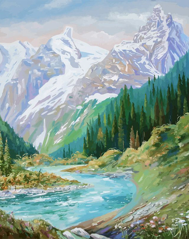 Rivière et Monts Enneigés Peinture par Numéros