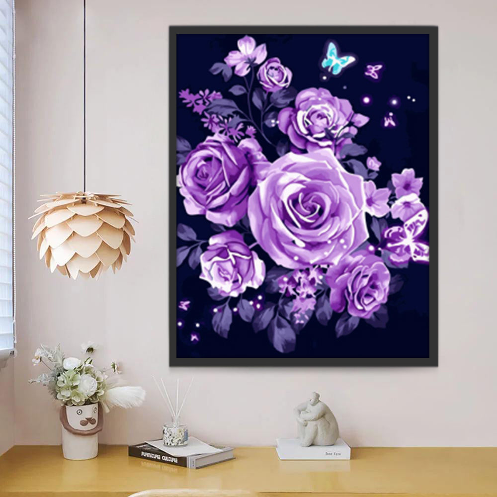 Rose Violettes et Papillons Violets Peinture par Numéros