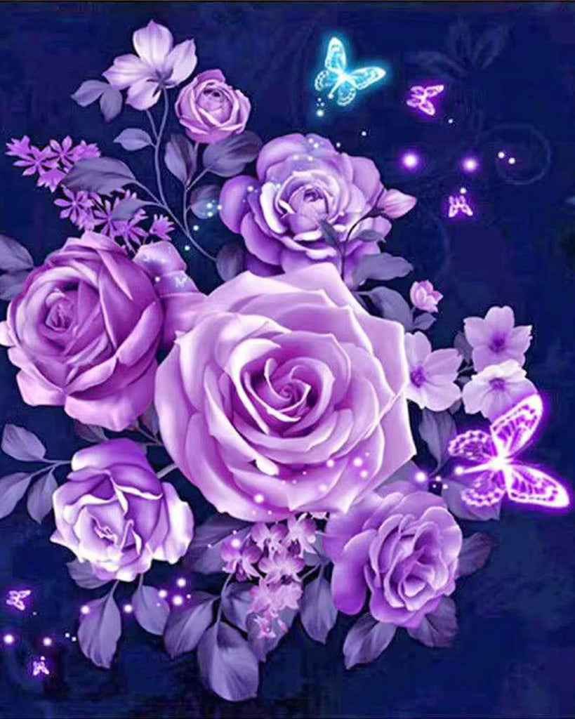 Rose Violettes et Papillons Violets Peinture par Numéros