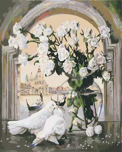 Roses Blanches et Pigeons Peinture par Numéros