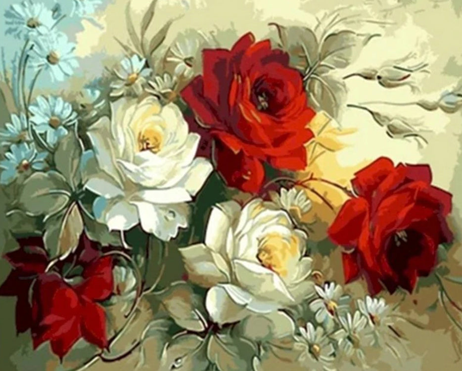Roses Blanches et Rouges Peinture par Numéros