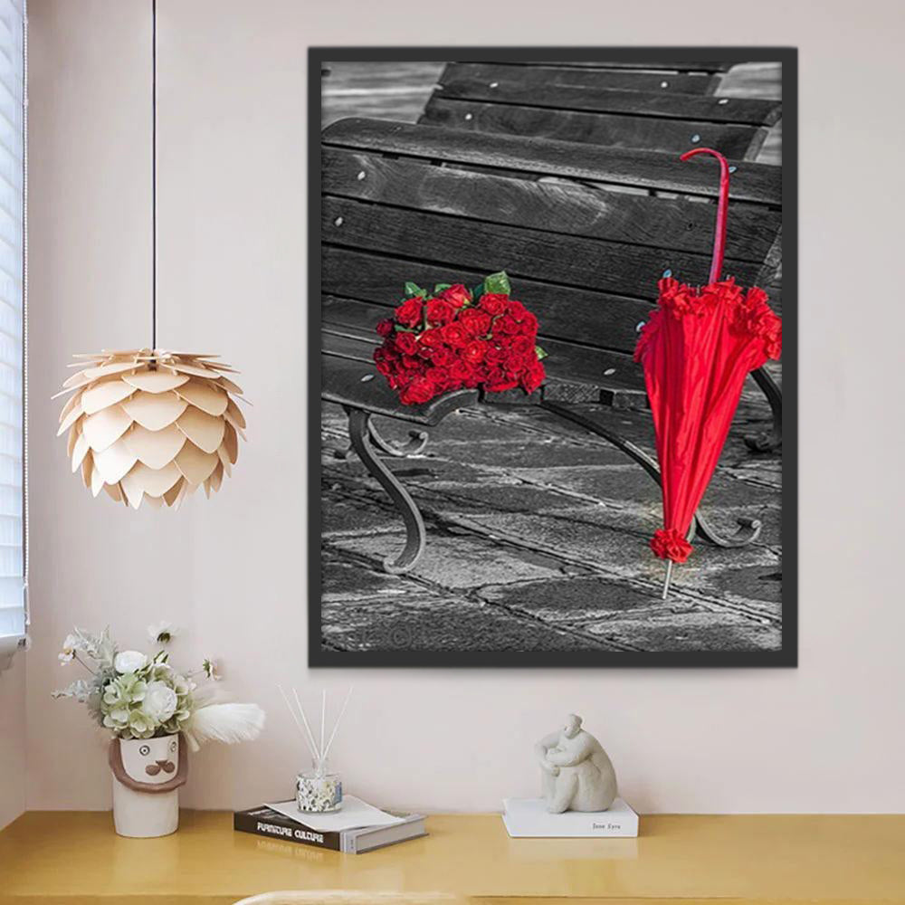 Roses et Parapluie Rouge Peinture par Numéros