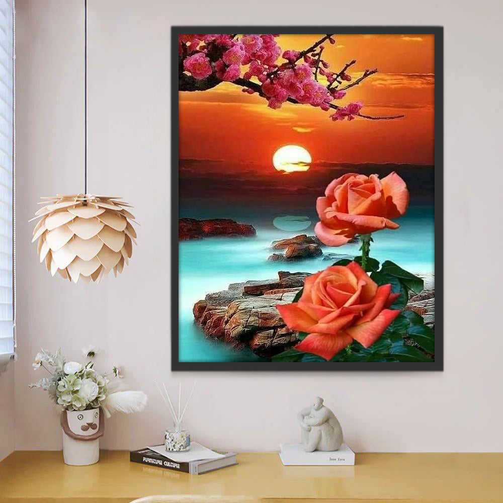 Roses et Soleil sur la Mer Peinture par Numéros