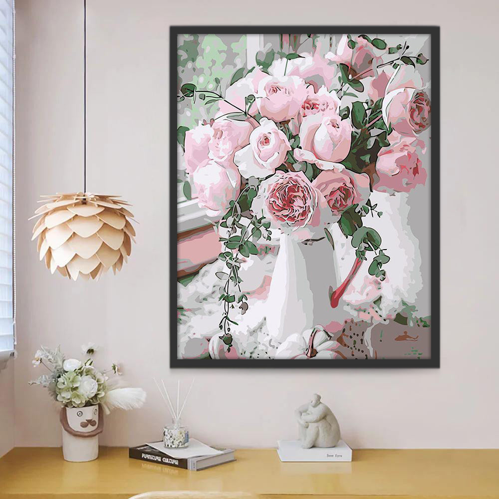 Roses et Vase Blanc Peinture par Numéros