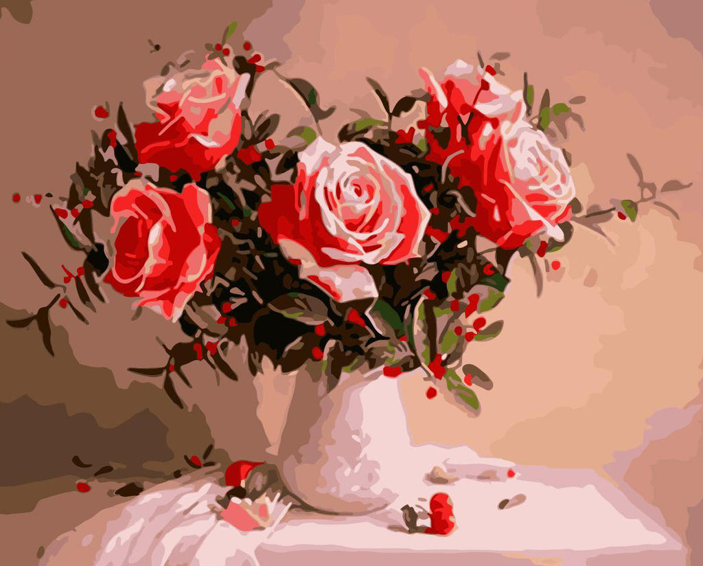 Roses et Vase Blanc Peinture par Numéros