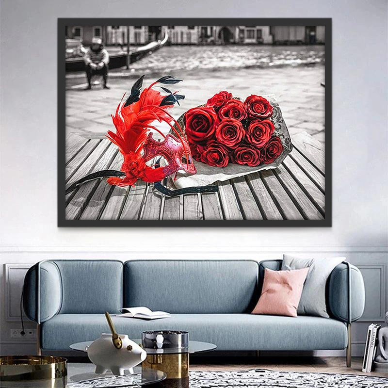 Roses Rouge et Plumes Peinture par Numéros