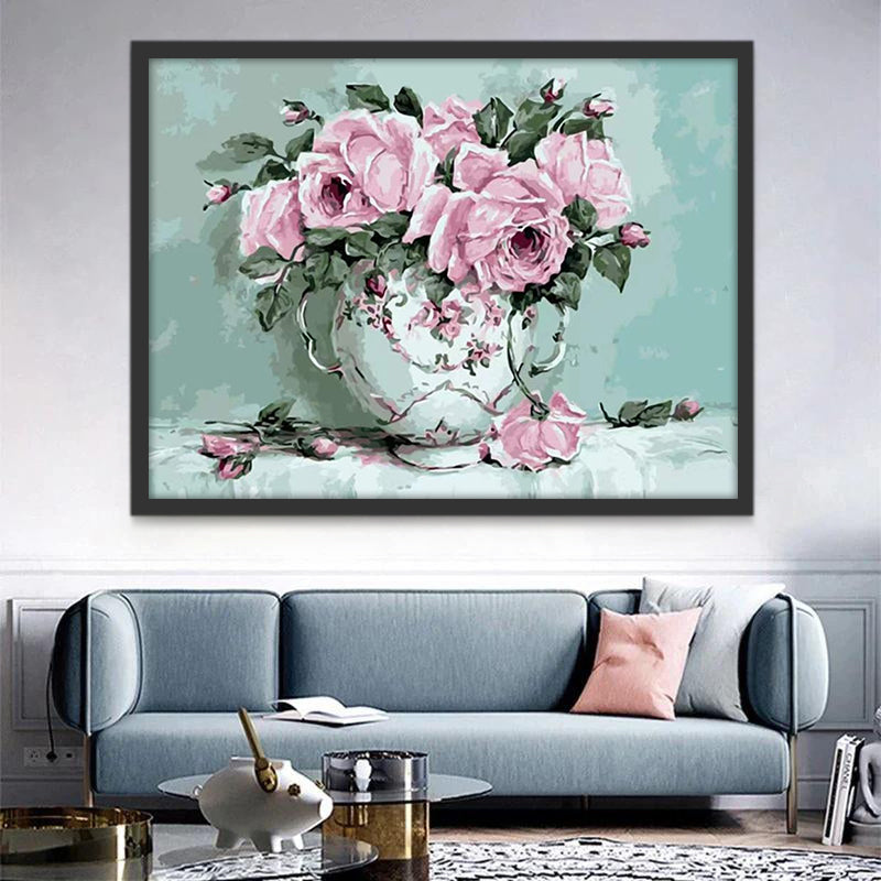 Roses Vivaces et Vase Blanc Peinture par Numéros