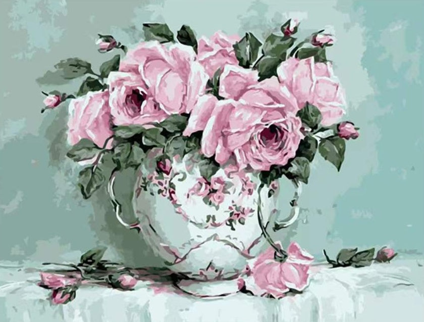 Roses Vivaces et Vase Blanc Peinture par Numéros