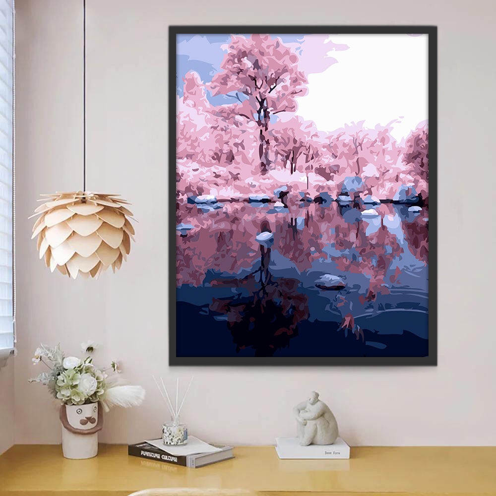 Ruisseau et Arbres Roses Peinture par Numéros
