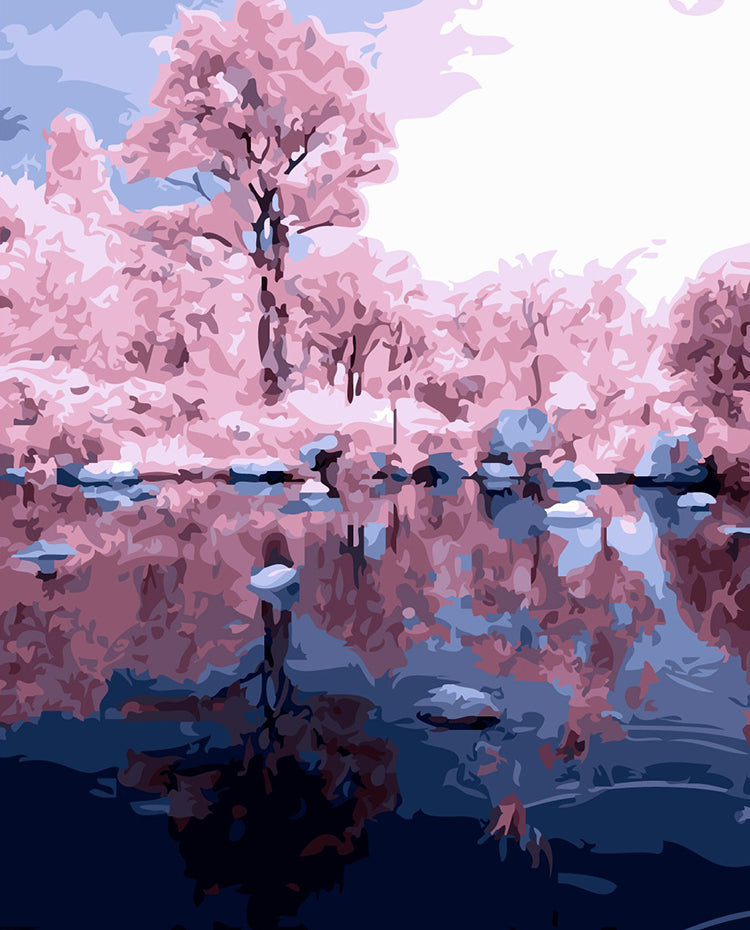 Ruisseau et Arbres Roses Peinture par Numéros