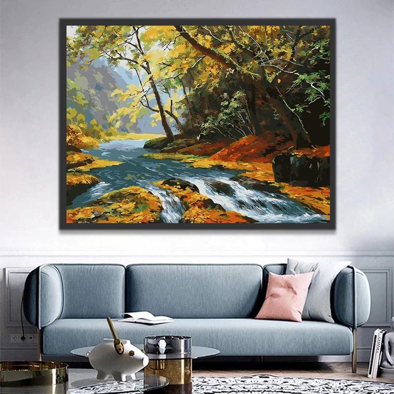 Ruisseau et Feuilles Jaunes Peinture par Numéros