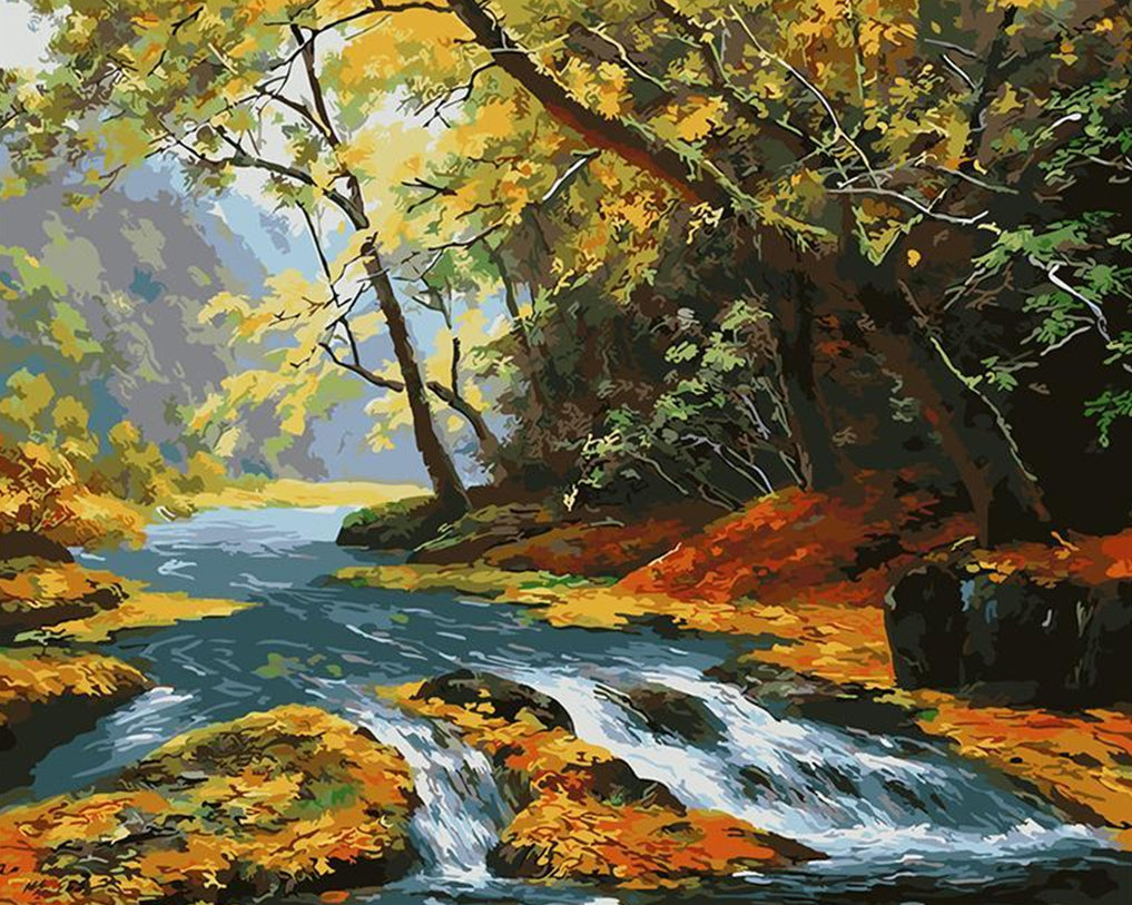 Ruisseau et Feuilles Jaunes Peinture par Numéros