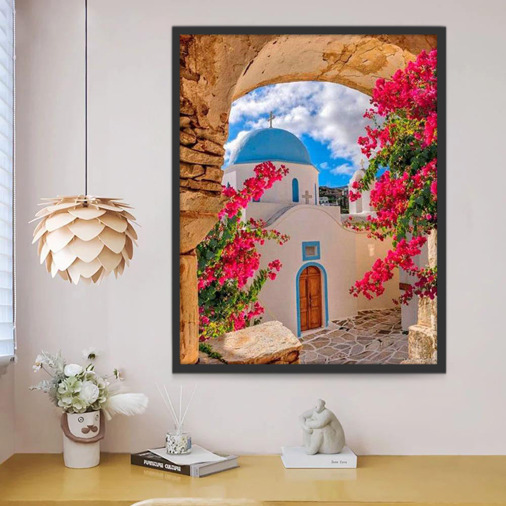Santorin et Fleurs Rouges Peinture par Numéros