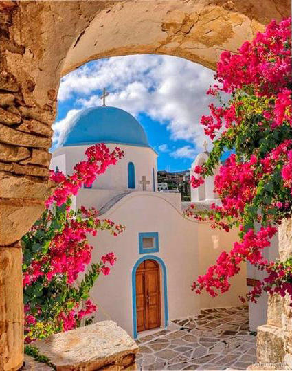 Santorin et Fleurs Rouges Peinture par Numéros