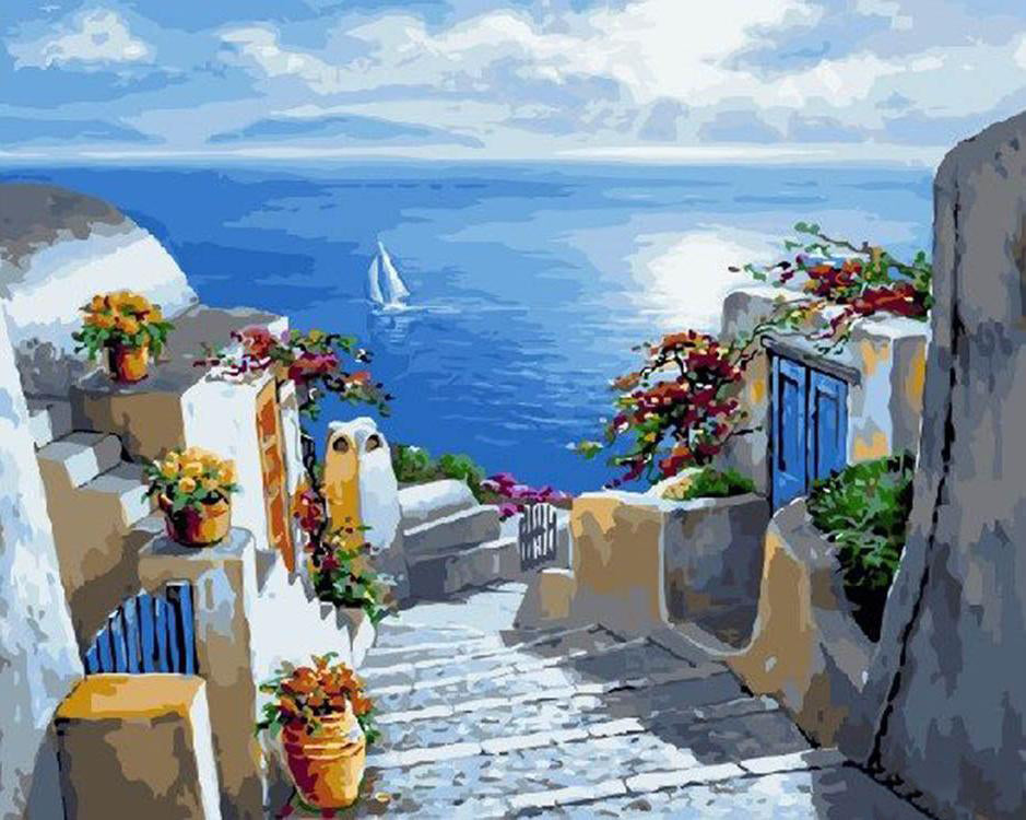Santorin et Mer Bleue Peinture par Numéros