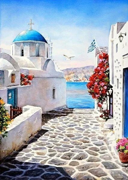 Santorin Paysage Ville Peinture par Numéros