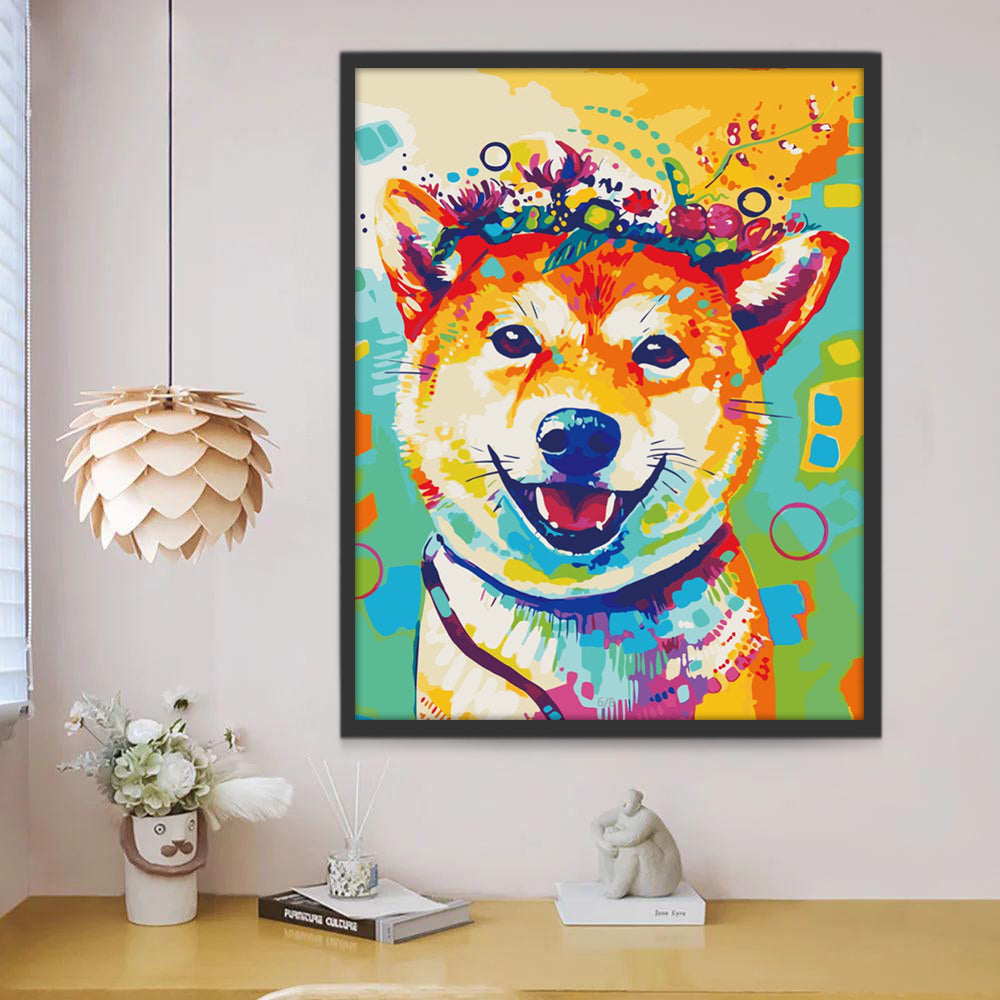 Shiba Inu avec des Couronnes de Fleurs Peinture par Numéros