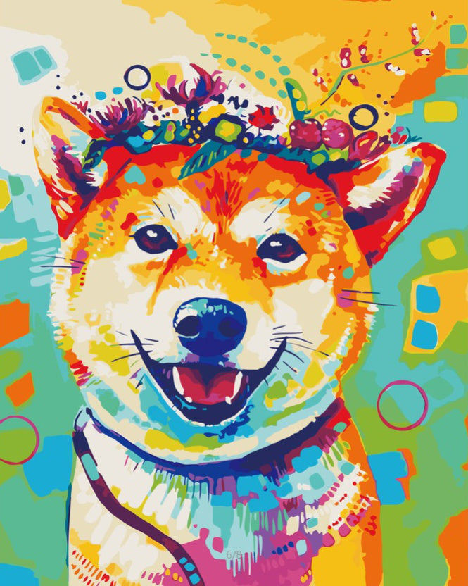 Shiba Inu avec des Couronnes de Fleurs Peinture par Numéros