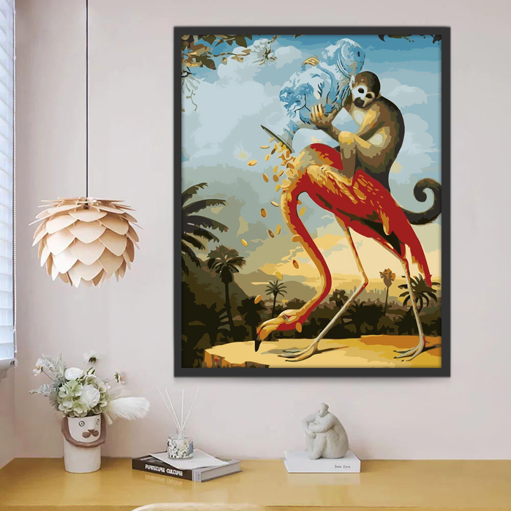 Singe Chevauchant un Flamant Peinture par Numéros