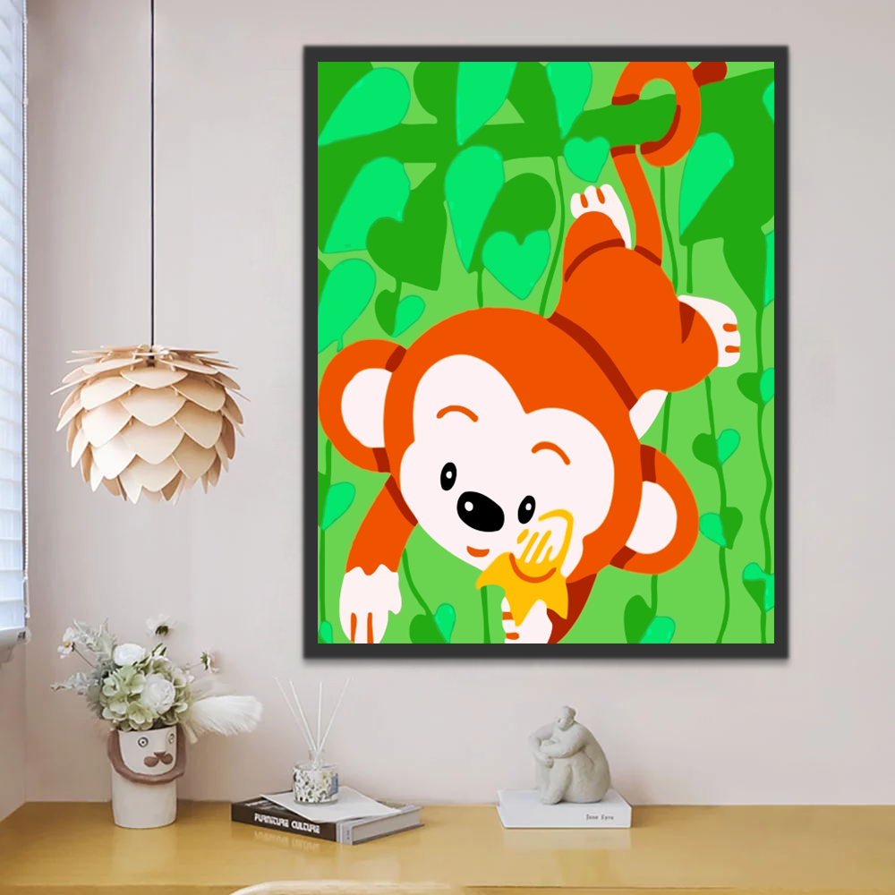 Singe Roux Jouant sur l'Arbre Cartoon Enfants Peinture par Numéros