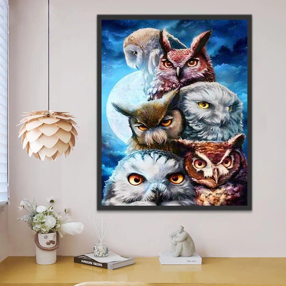 Six Hiboux sous la Lune Claire Peinture par Numéros