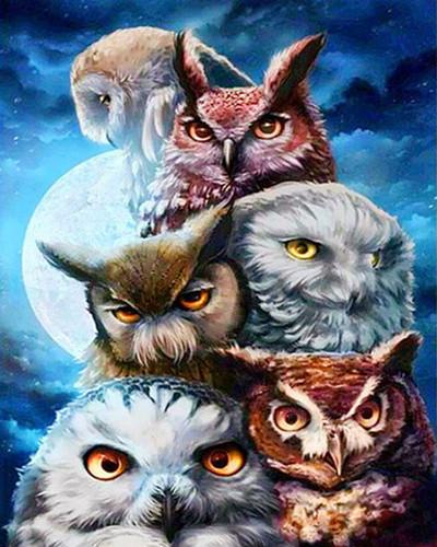 Six Hiboux sous la Lune Claire Peinture par Numéros