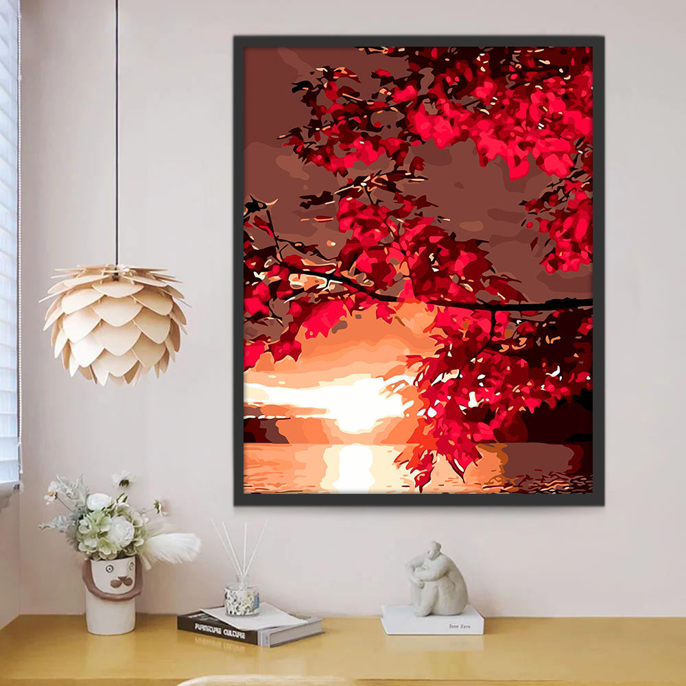 Soleil Couchant et Feuilles Rouges Peinture par Numéros