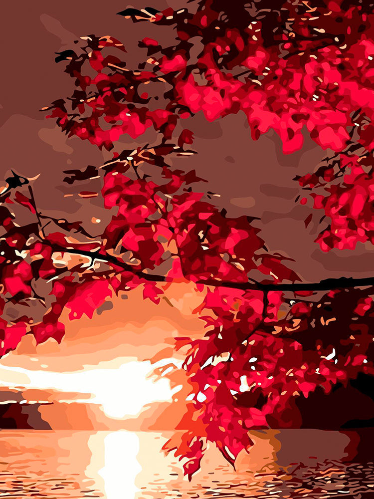 Soleil Couchant et Feuilles Rouges Peinture par Numéros