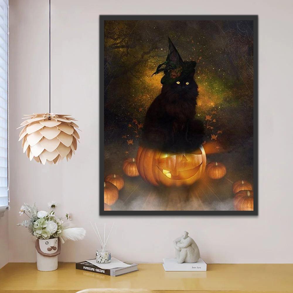 Sorcière Chat Noir Halloween Peinture par Numéros