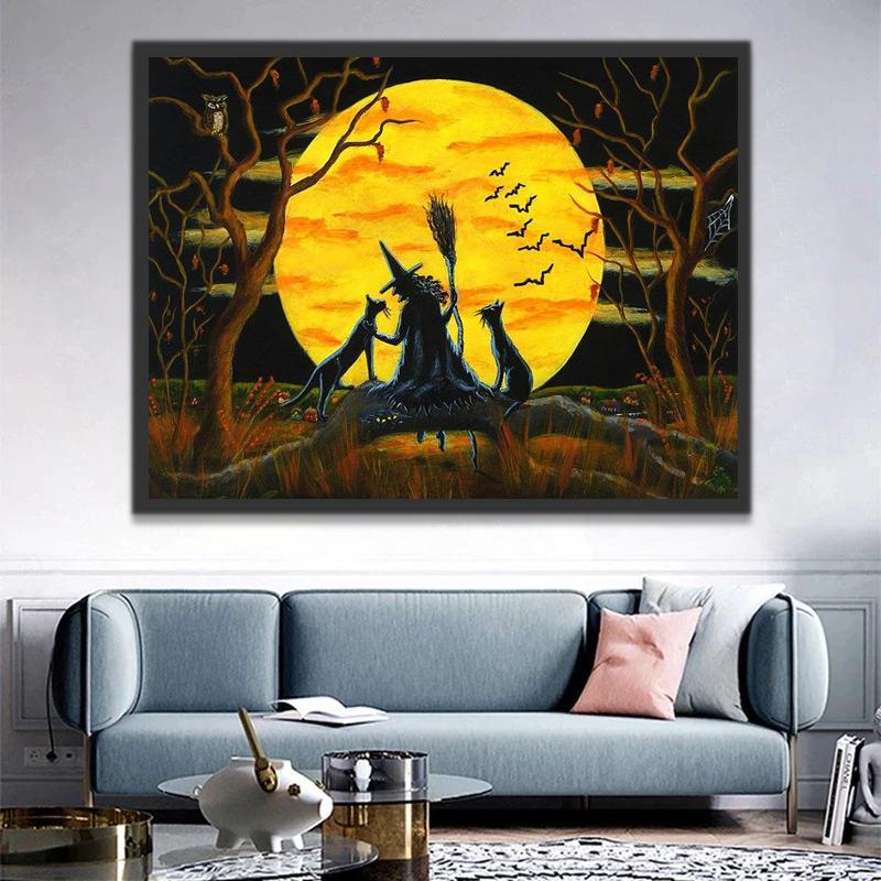 Sorcière et Chats Noirs Peinture par Numéros