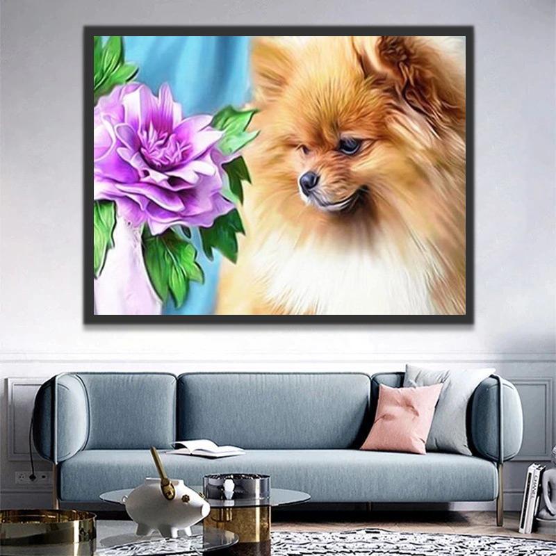 Spitz Nain et Fleur Violette Peinture par Numéros