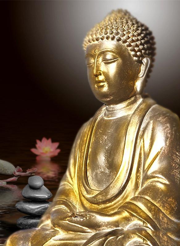 Statue Bouddhiste Dorée et Lotus Peinture par Numéros