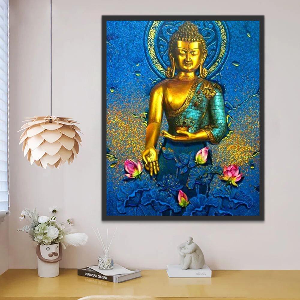 Statue Bouddhiste en Kesa Bleu Peinture par Numéros