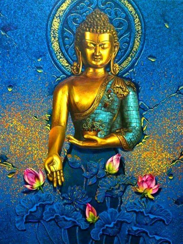 Statue Bouddhiste en Kesa Bleu Peinture par Numéros