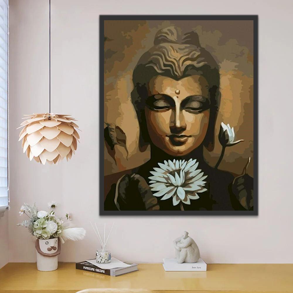 Statue Bouddhiste et Fleur Bleue Peinture par Numéros