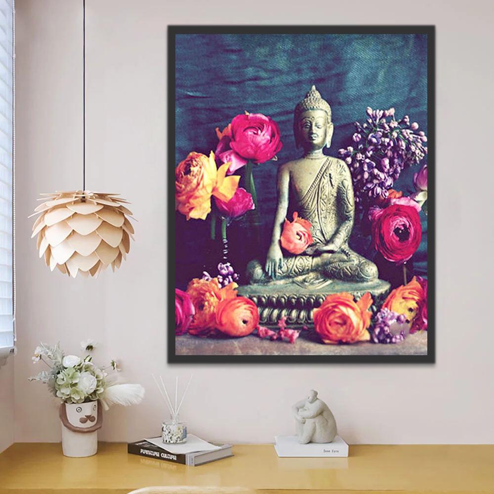 Statue Bouddhiste et Fleurs Peinture par Numéros