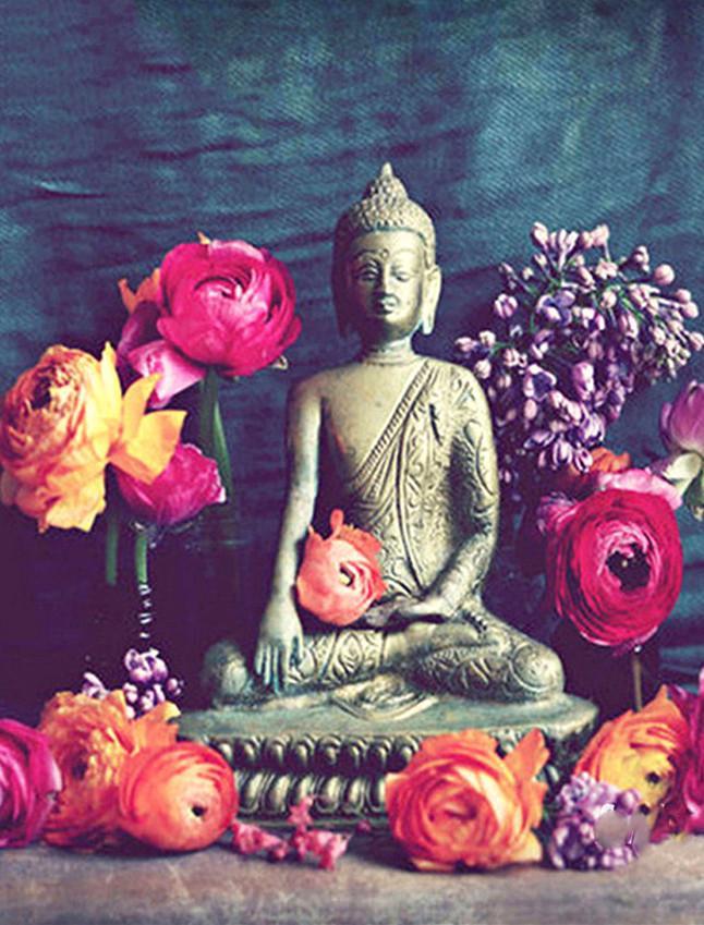 Statue Bouddhiste et Fleurs Peinture par Numéros