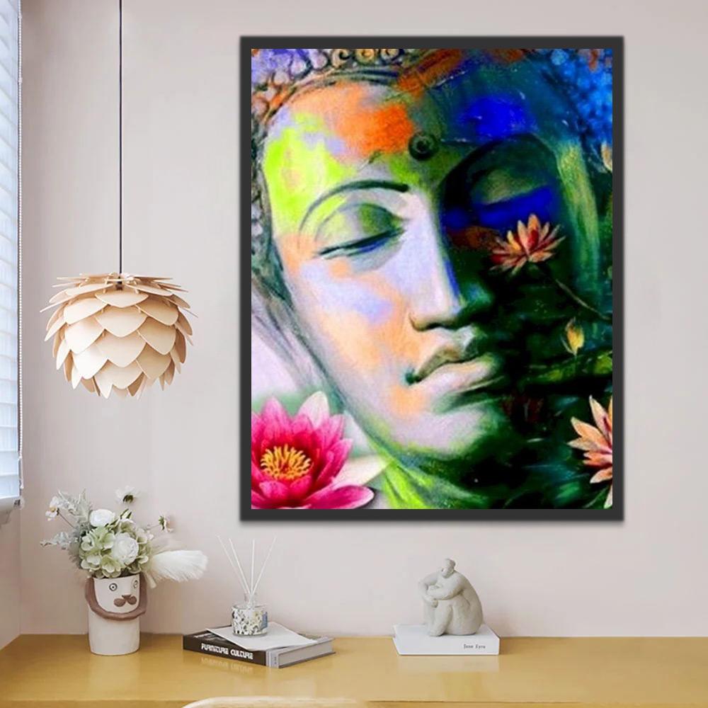Statue Bouddhiste et Lotus Peinture par Numéros