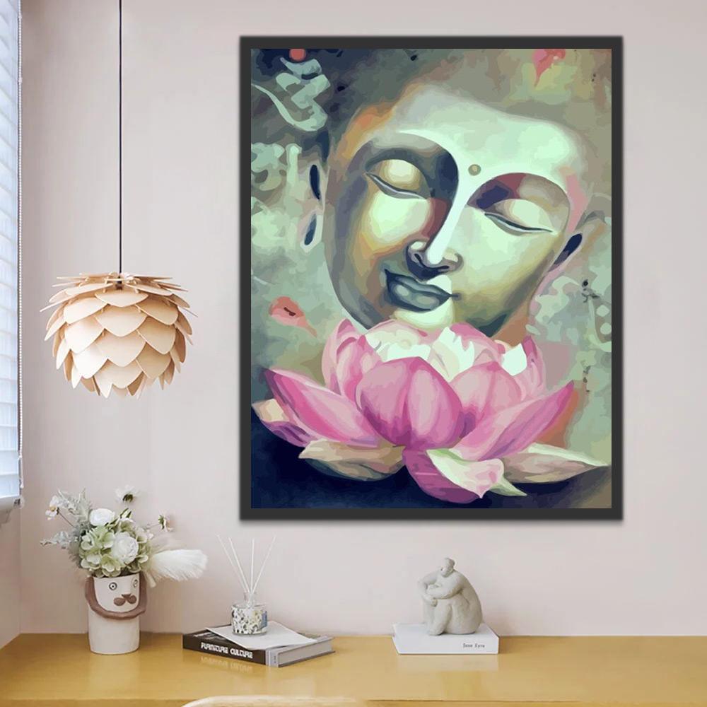 Statue Bouddhiste et Lotus Rose Peinture par Numéros