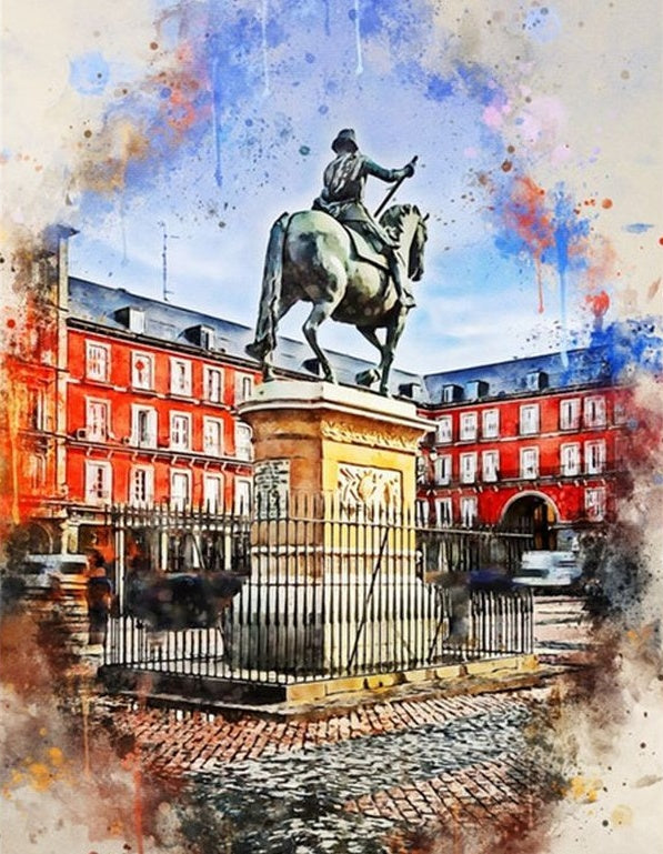 Statue sur la Plaza de la Villa à Madrid Peinture par Numéros