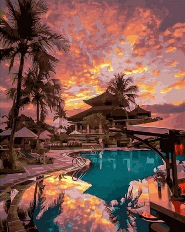 Temple au Coucher du Soleil Peinture par Numéros