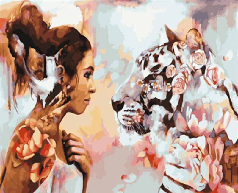 Tigre Blanc et Femme Peinture par Numéros
